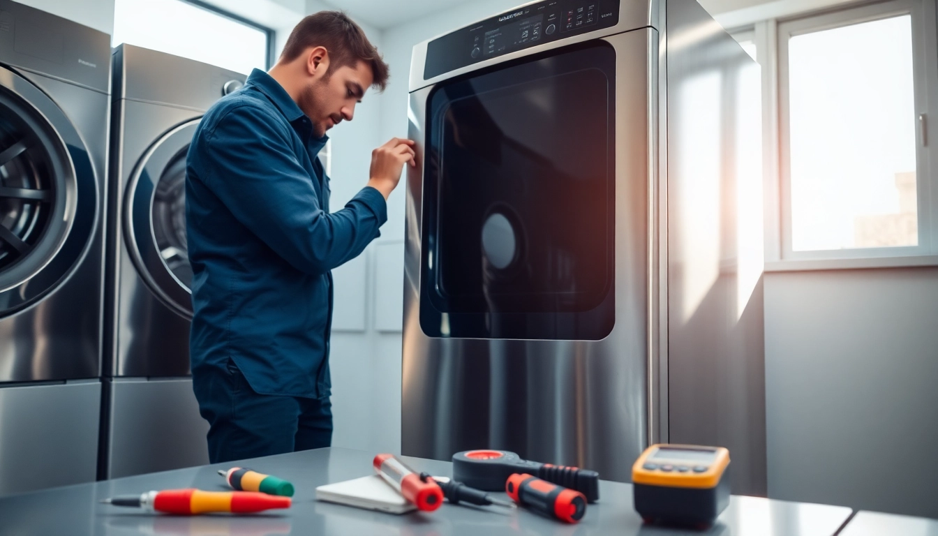 Technician performing gas dryer repair with tools in a modern laundry room setting.