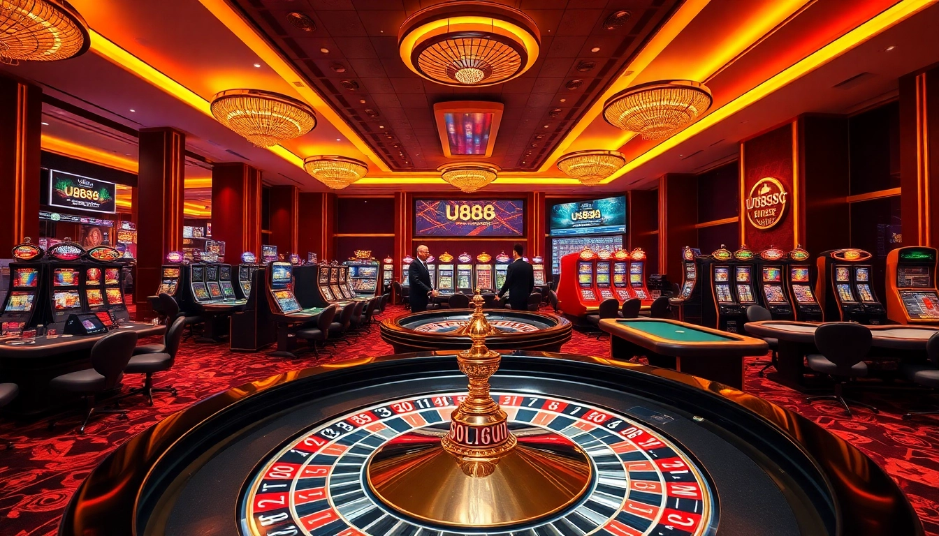 Experience thrilling gaming action at U8888 with a panoramic view of vibrant casino tables and live dealers.