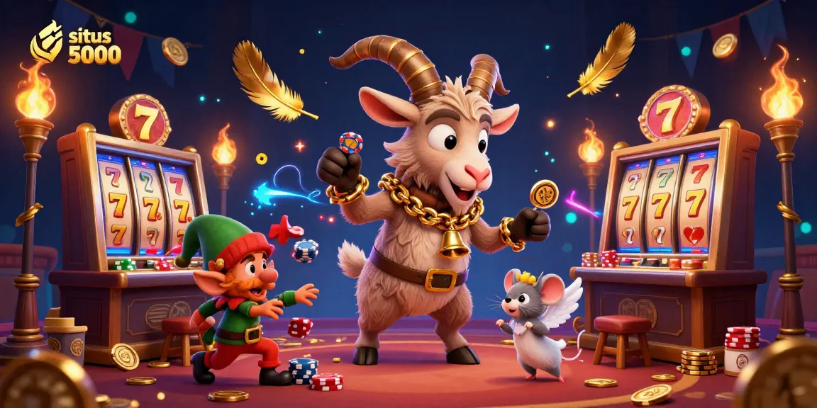 Situs deposit 5000 offers engaging gameplay with a cartoon Krampus goat managing slot machines while gremlins steal poker chips.