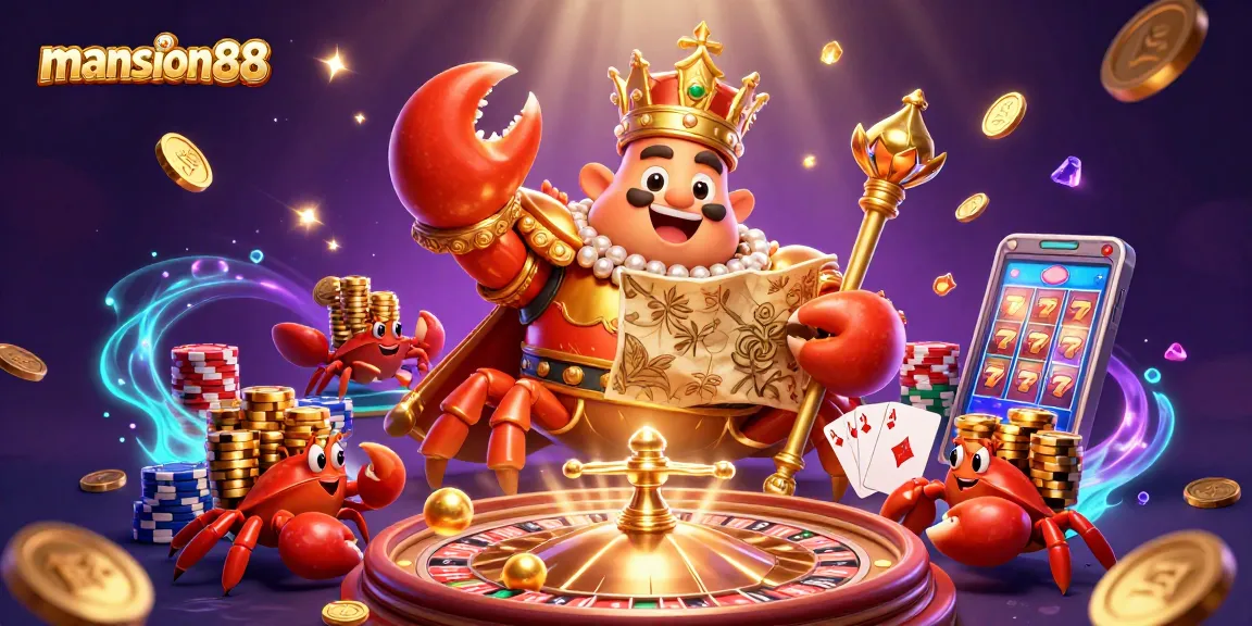 Engage with mansion88 by exploring the dynamic 3D casino world featuring a golden crab emperor and vibrant gaming elements.