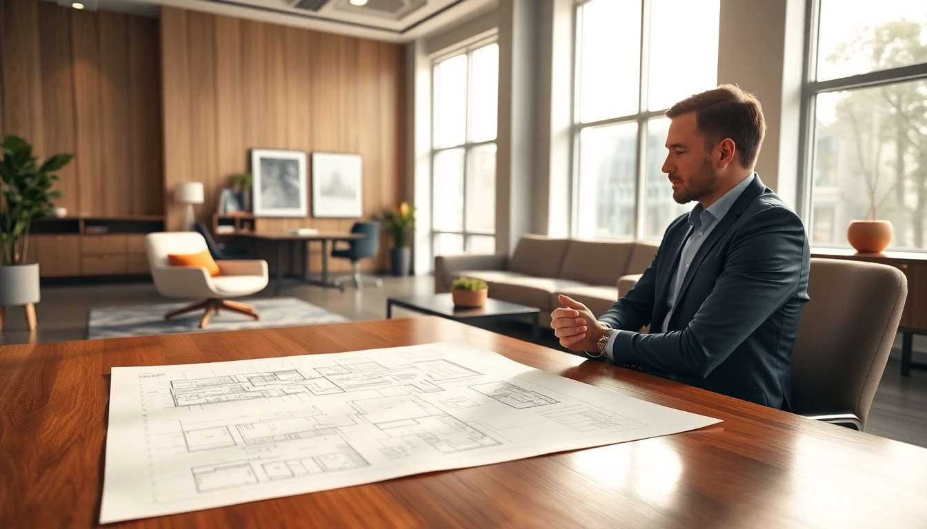 Interior architect creating a modern office design with sleek furnishings and natural light.