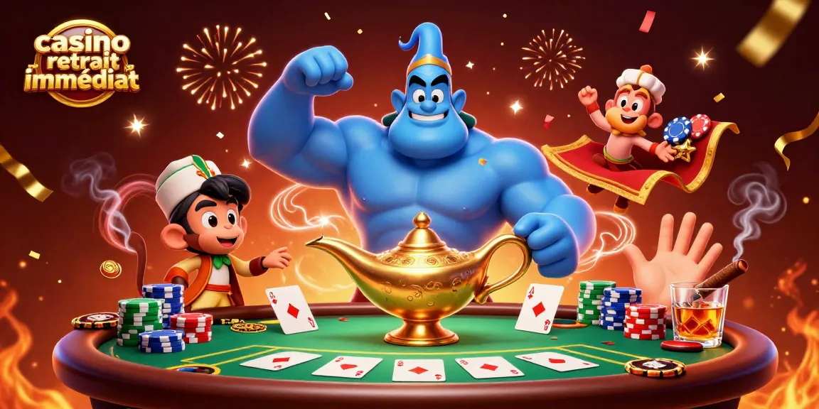 Illustration dynamique du casino retrait immédiat avec un génie et des jetons de poker flottants.
