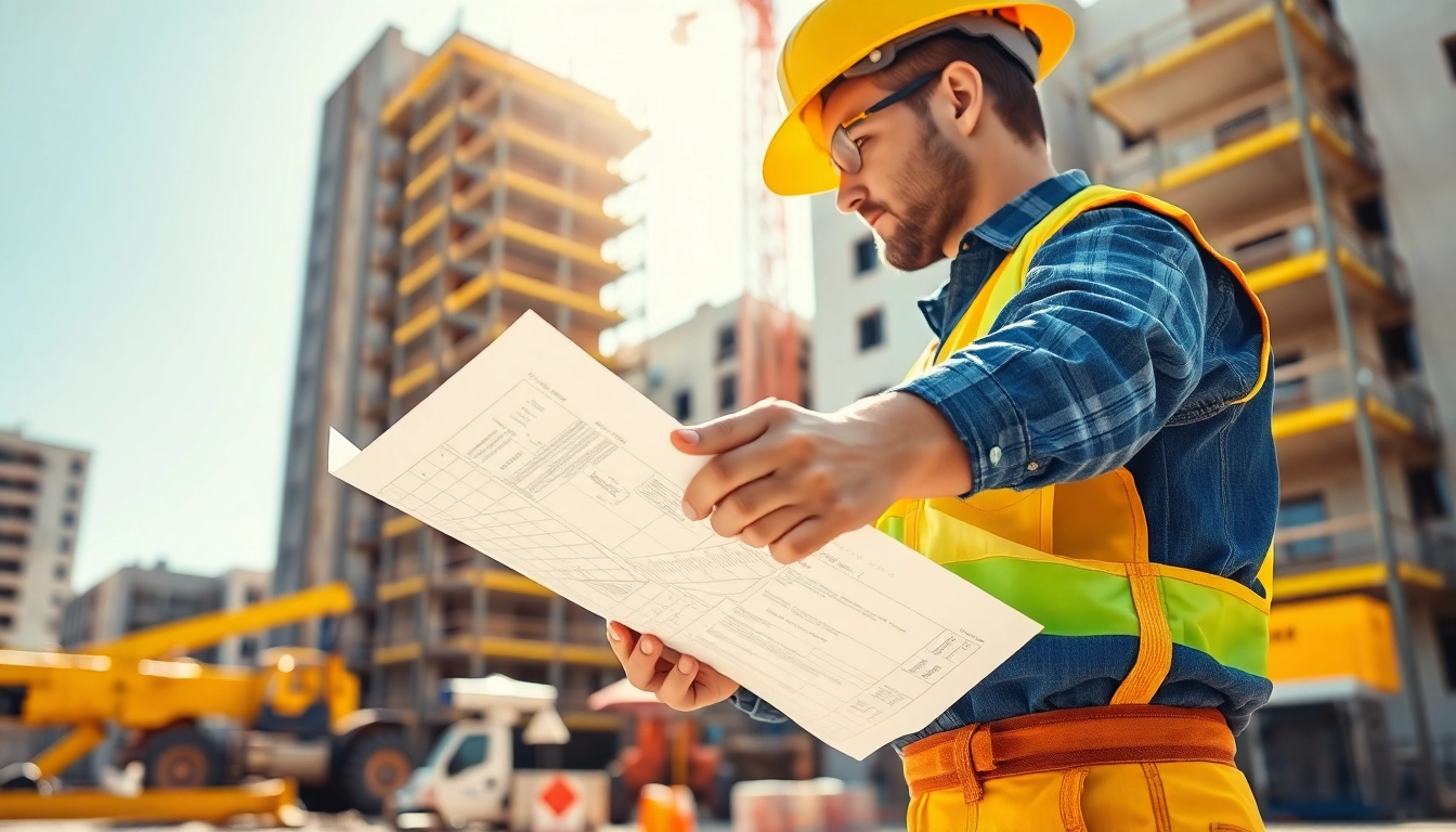 Construction career professional reviewing blueprints at a busy building site.