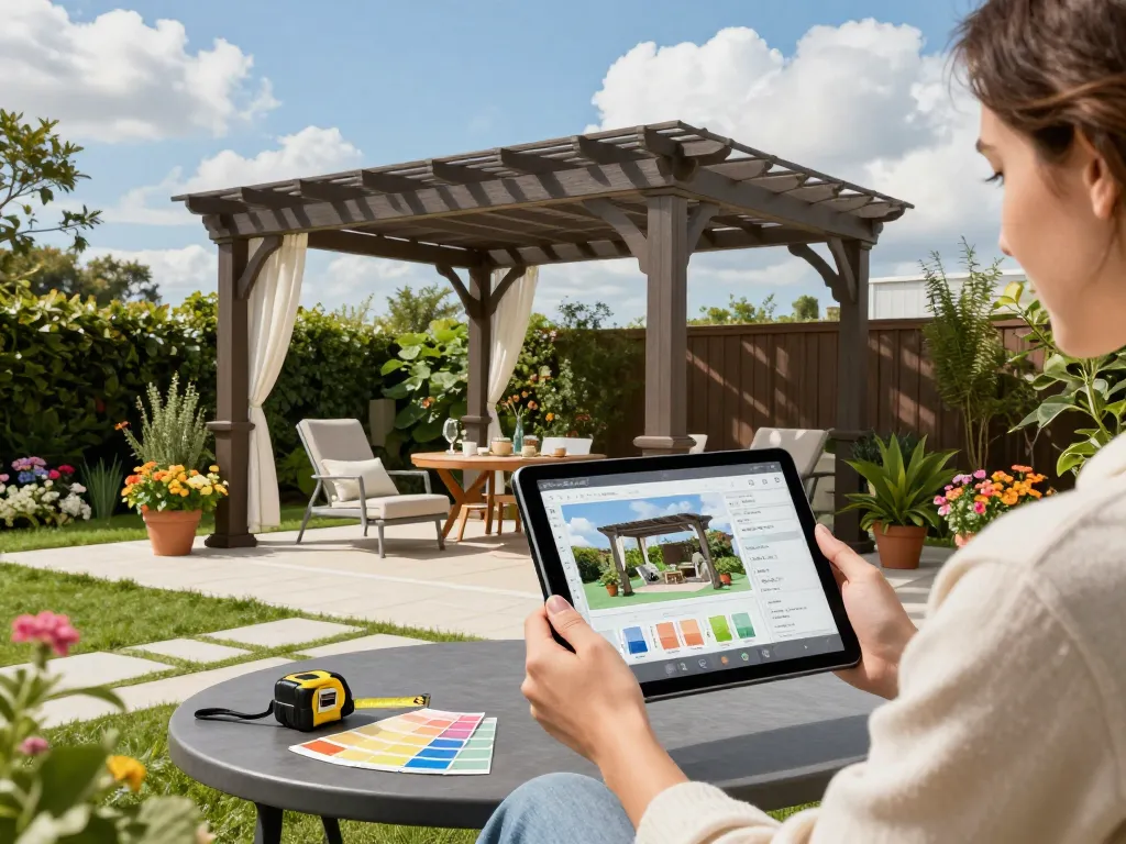 Engage with the 3D pergola configurator while customizing your garden oasis in a sunny outdoor patio setting.