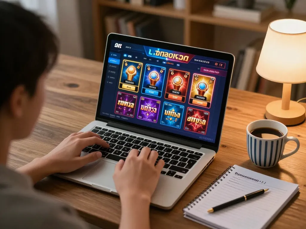 Engaged player enjoys เว็บตรงสล็อต games on laptop in a cozy home setting.