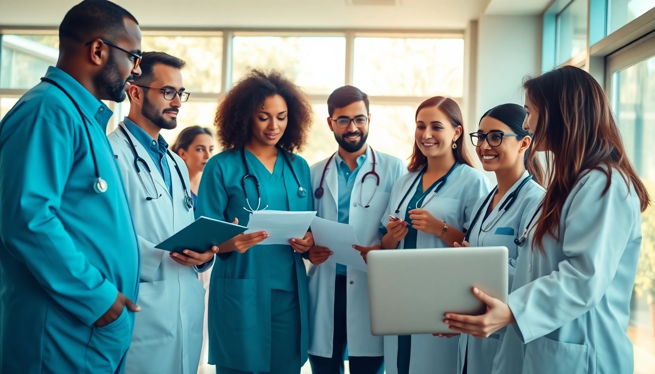 Health professionals collaborating in a modern clinic, showcasing teamwork and patient care.