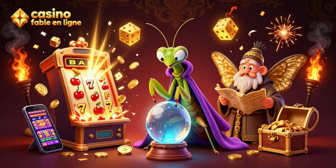 Image représentant un casino fiable en ligne avec des personnages animés entourés de jeux de casino et de symboles gagnants.