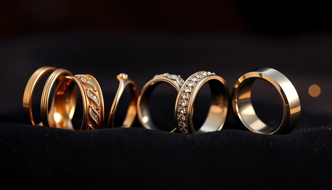 Showcase of exquisite mens wedding rings with varied designs and finishes on a velvet backdrop.