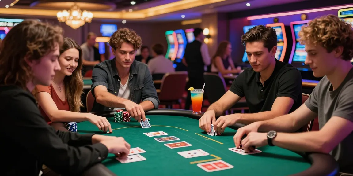 Friends enjoying a lively poker game at rokok88 casino with vibrant décor and cocktails.