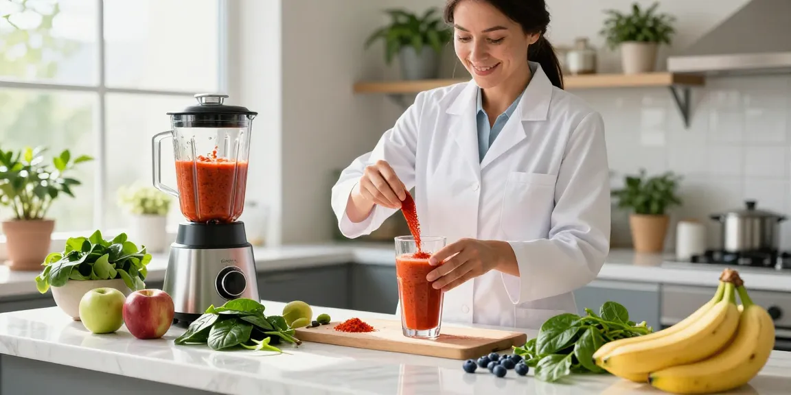 Nutritionist preparing a smoothie with microalgae astaxanthin for a healthy lifestyle.