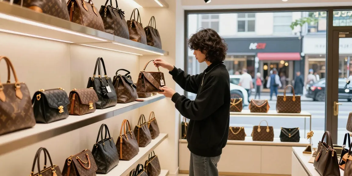 Stylish shopper exploring luxury 레플리카 accessories in an urban boutique, highlighting quality and fashion.