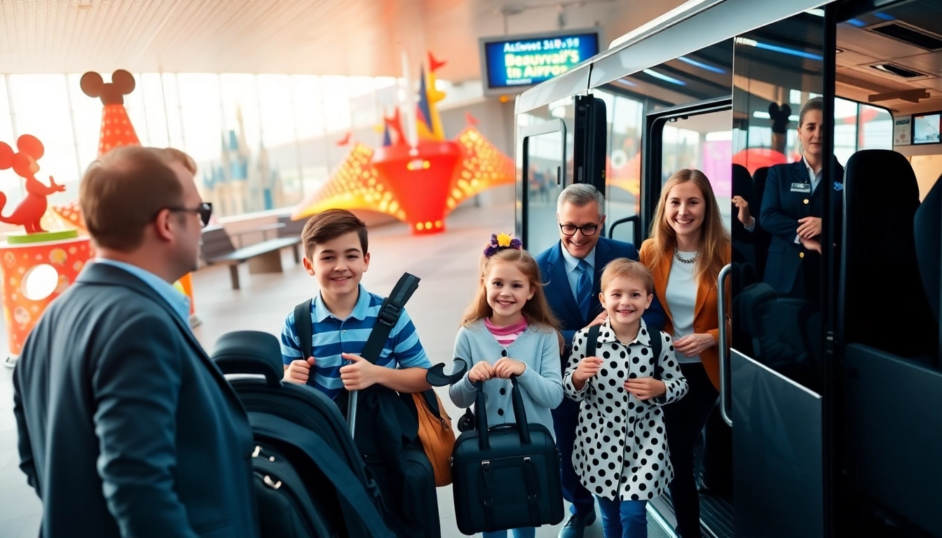Families enjoy a Beauvais Airport to Disney Transfer, boarding a shuttle bus with Disney-themed decor in the background.