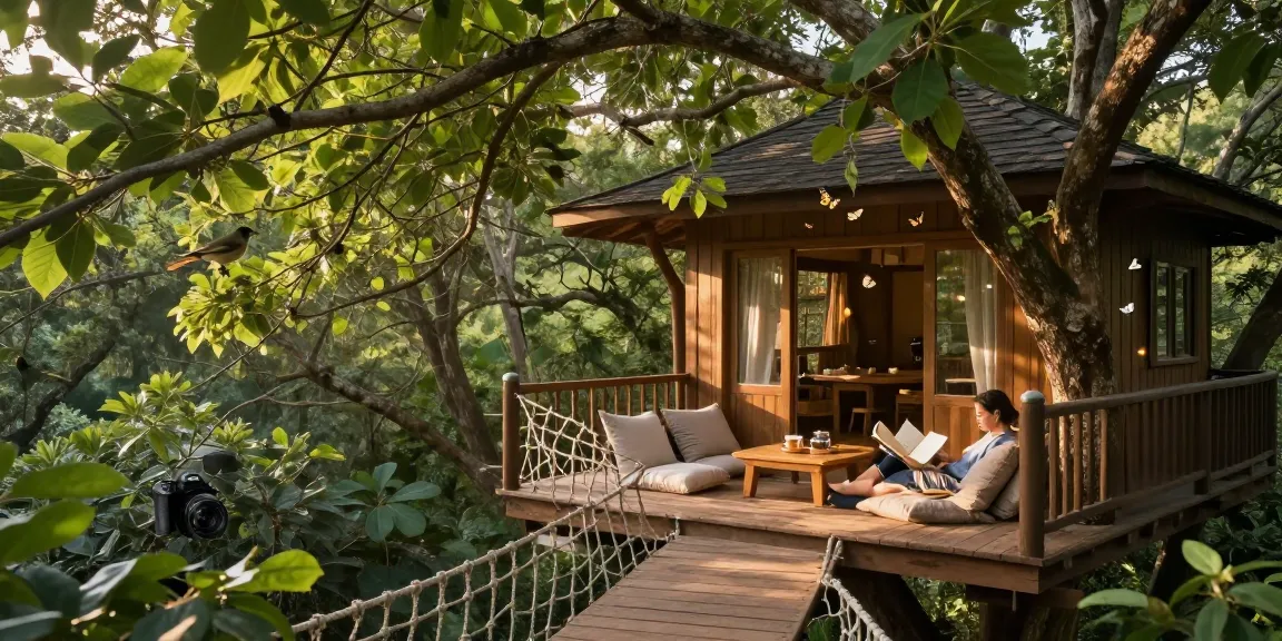 Experience the enchanting tree house life with a serene woodland retreat featuring a cozy tree house, inviting outdoor seating, and natural beauty.
