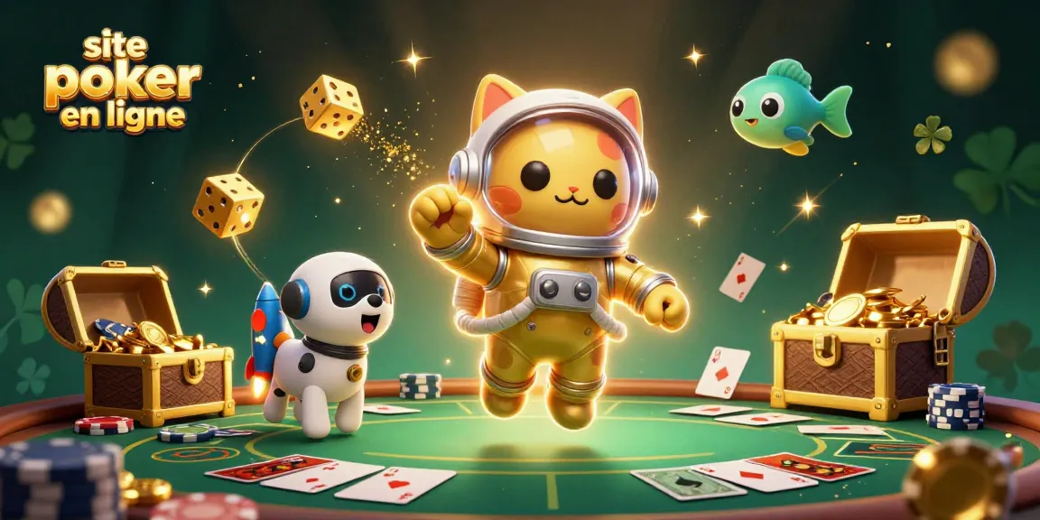 Jouez sur le site poker en ligne avec des personnages animés autour d'une table de poker pleine de jetons.