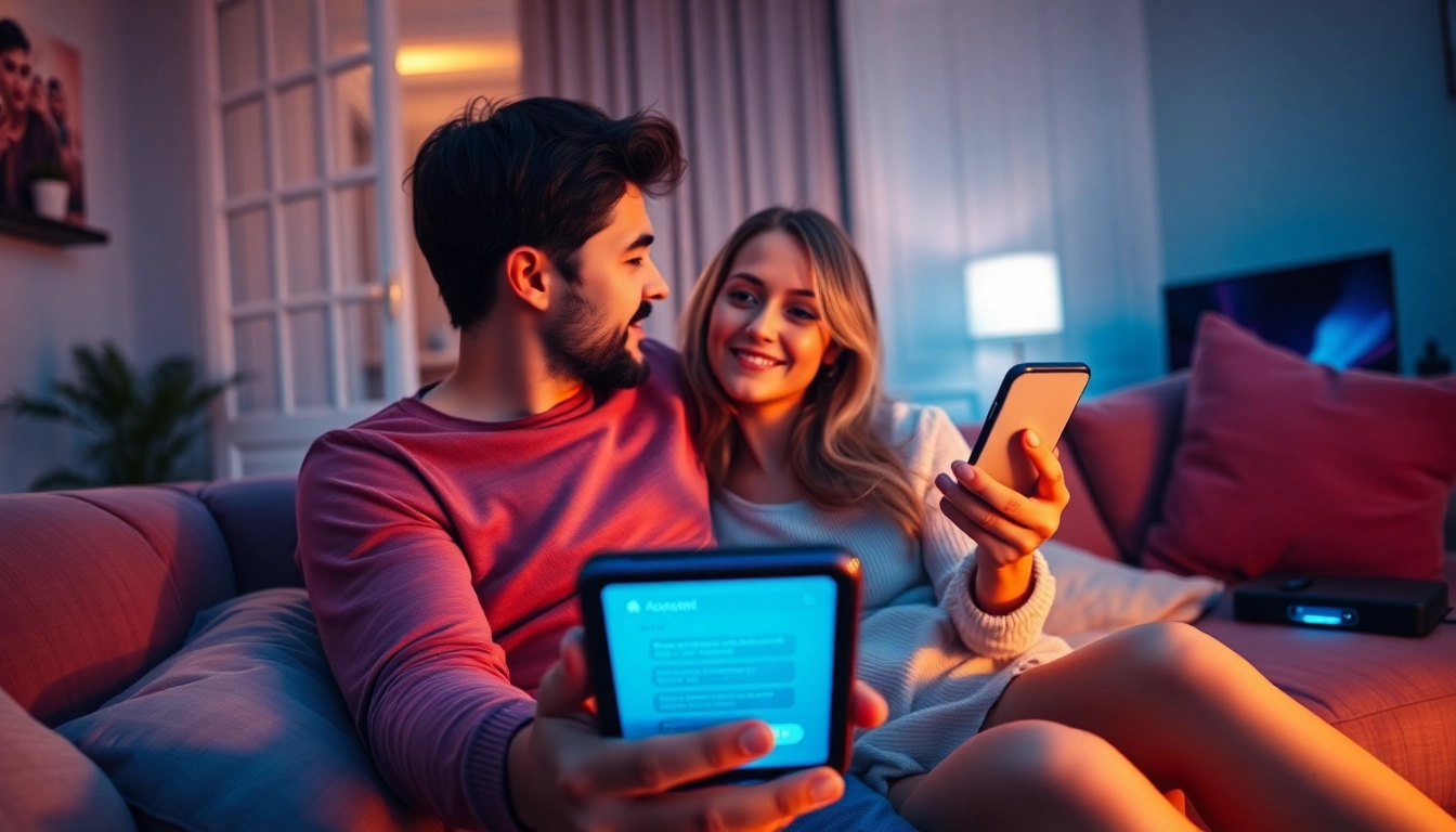 Engaging ai sexting conversation between a couple and a chatbot in a cozy modern living room.