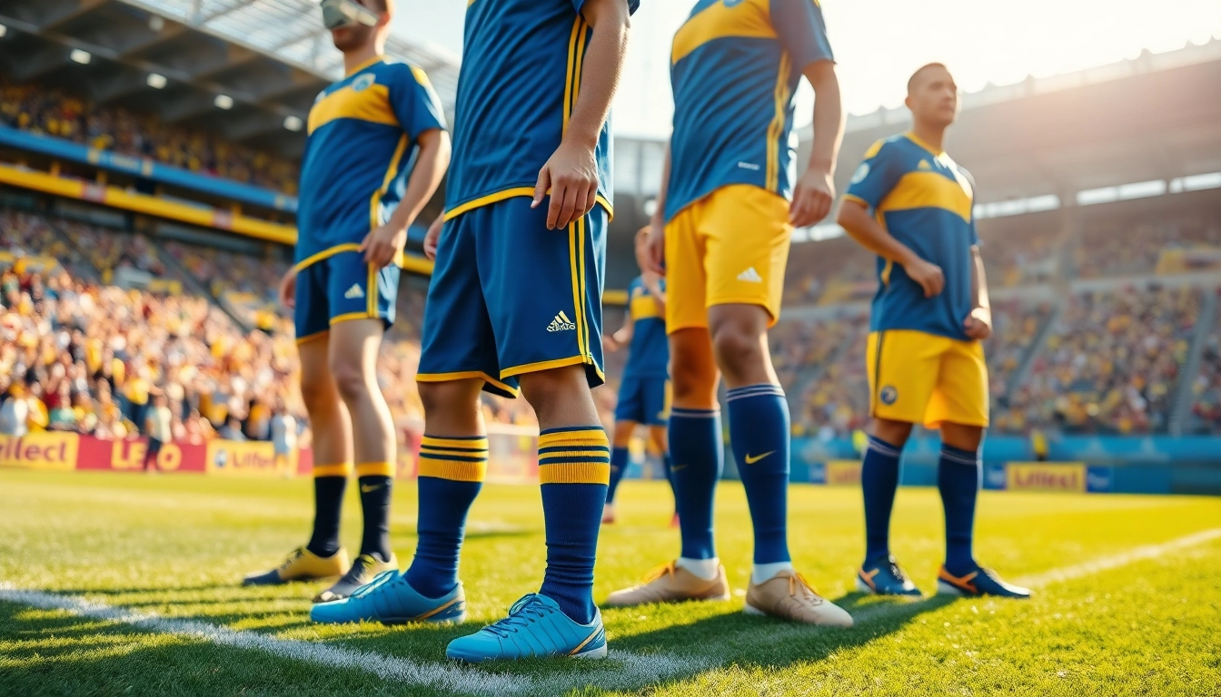 Team kit worn by players on a vibrant field, showcasing teamwork and energy.