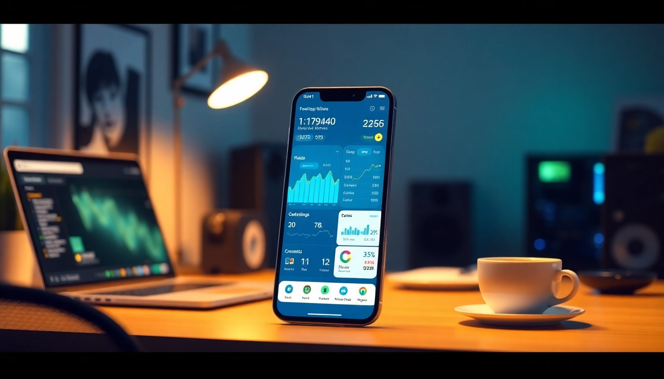Engaging view of a crypto mining app interface on a smartphone in a modern home office setting.