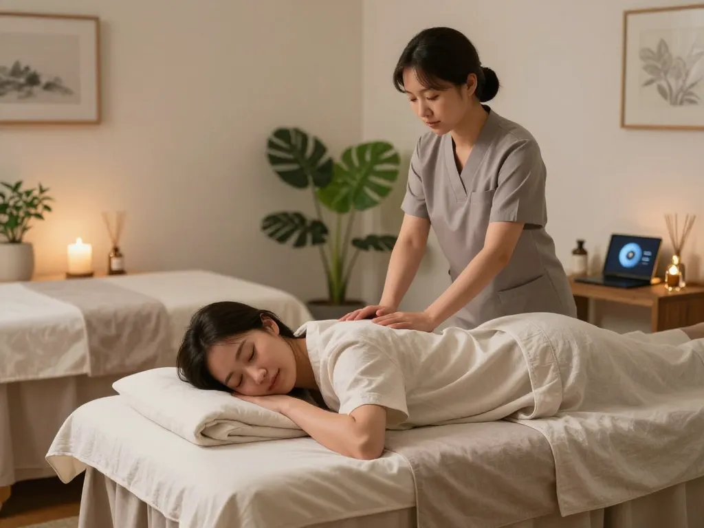서울출장마사지 session in a peaceful home wellness environment with a professional therapist and calming elements.