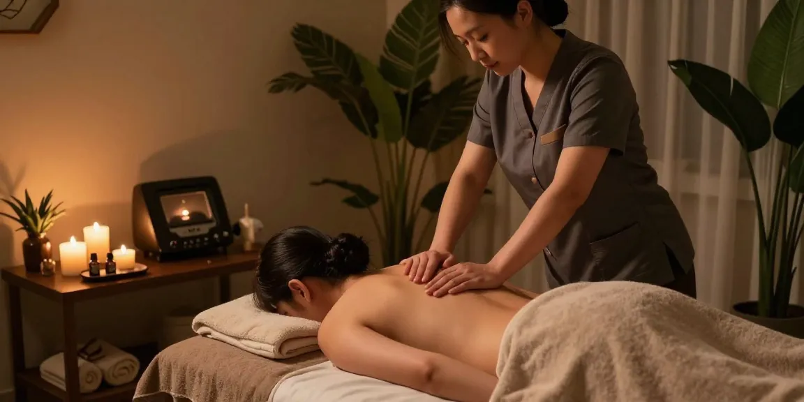 Skilled therapist performing 스웨디시 massage in a serene spa setting with candles and plants.