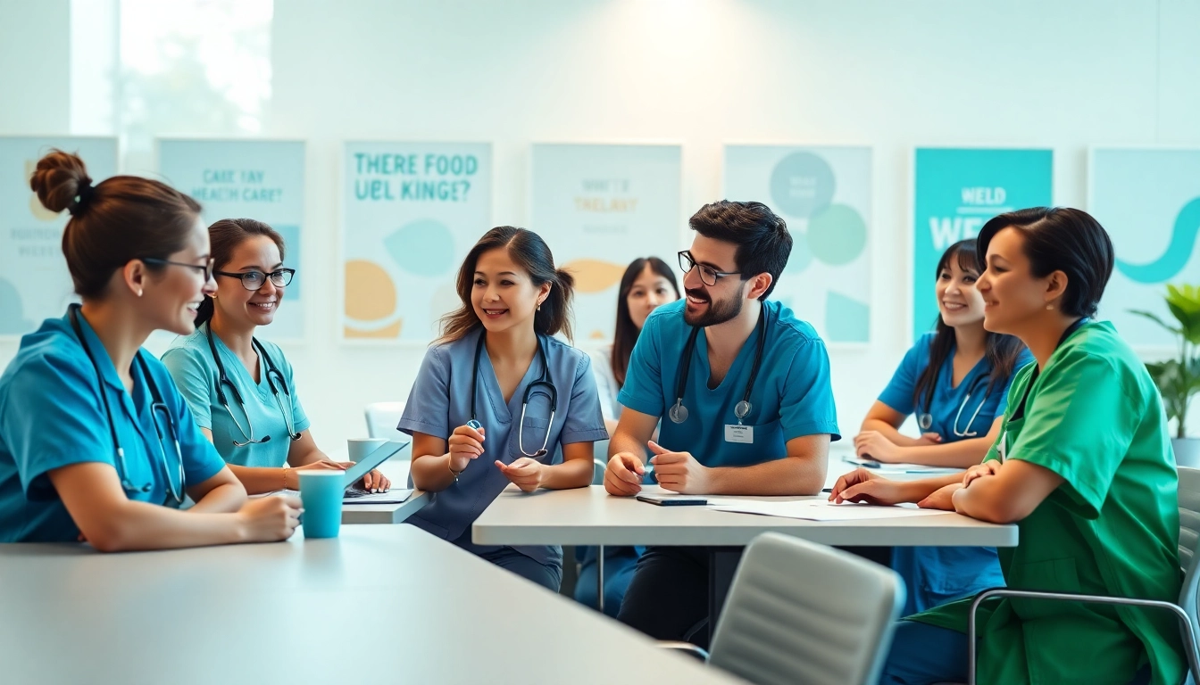 Healthcare professionals collaborating in a bright training space, promoting health and teamwork.