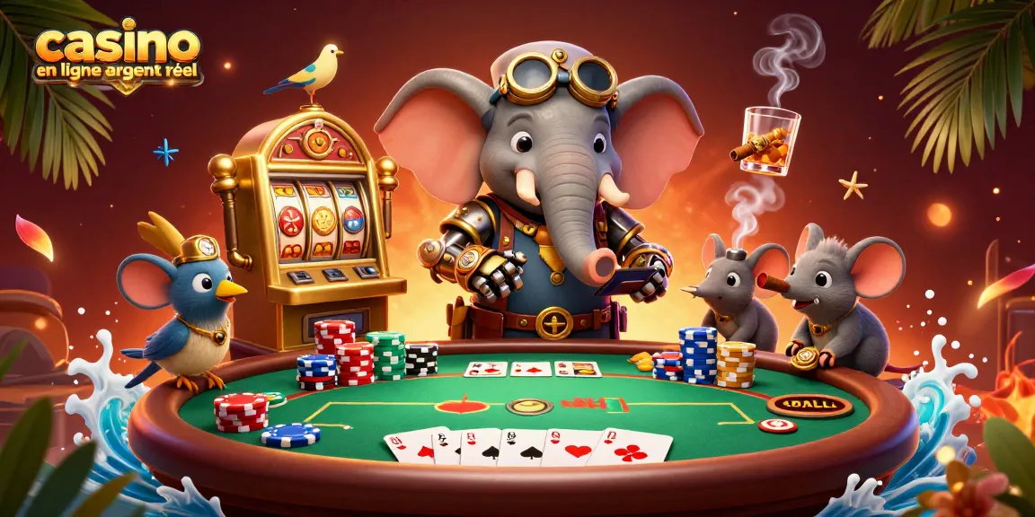 Jouez à des jeux de casino en ligne argent réel avec un éléphant ingénieur steampunk et des éléments de poker.