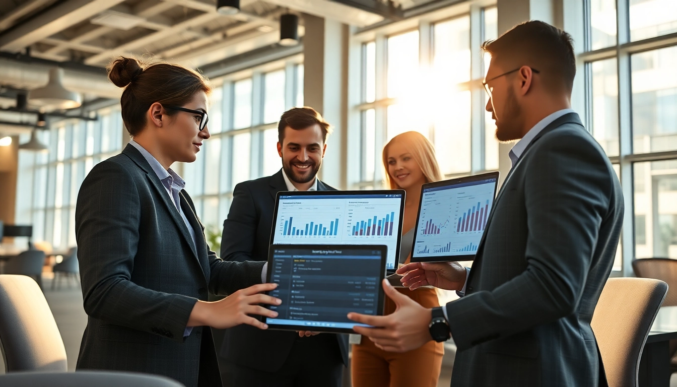 Analyze AI for competitor analysis in a modern office setup with charts and collaborative teams.