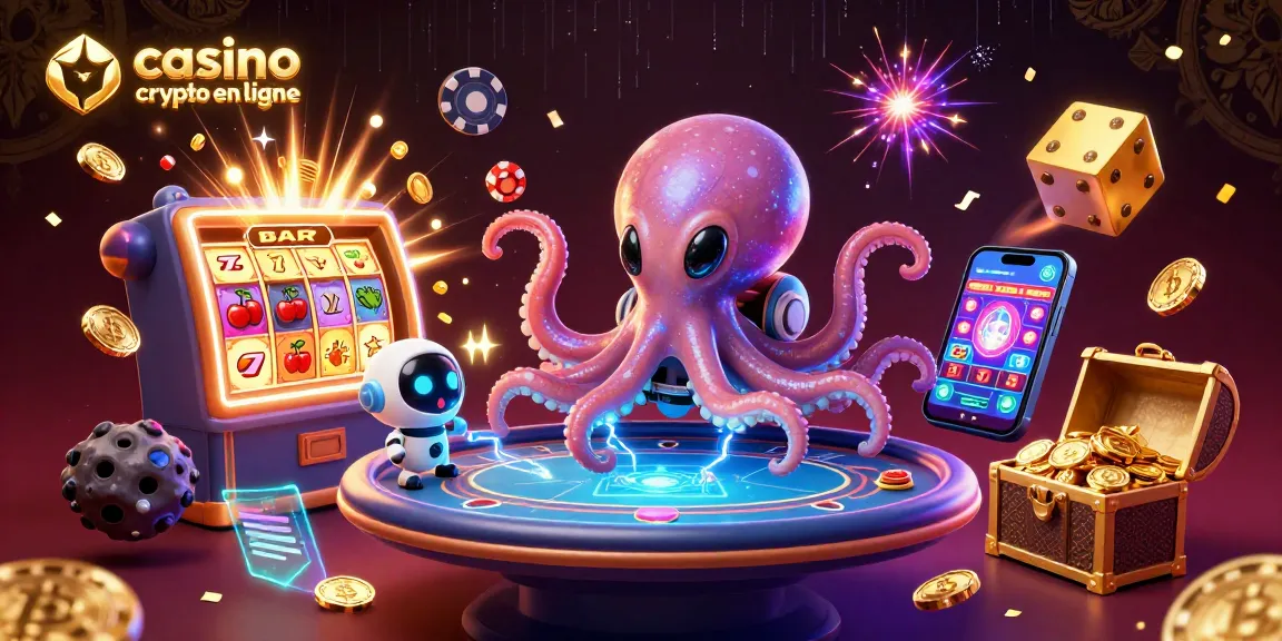 Illustration animée captivante sur un casino crypto en ligne avec un poulpe extraterrestre et des jeux de hasard.