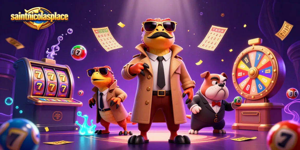 Three comedic raptors in a trench coat attempt entry at saintnicolasplace casino, surrounded by vibrant gambling elements.