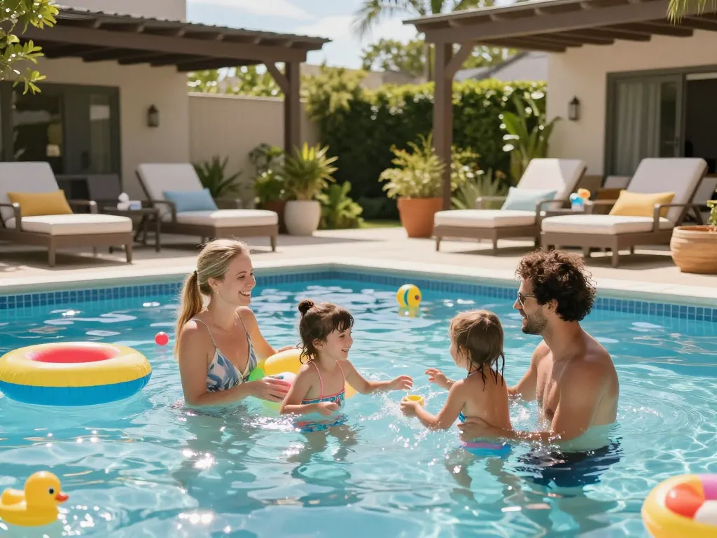 Dolphin Pool Services enhances family joy with a vibrant poolside scene, showcasing outdoor fun, relaxation, and sparkling blue water.