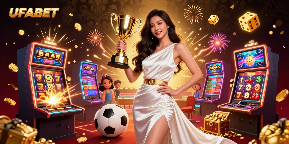 Experience the excitement of betting at UFABET with a stunning visual of a victorious woman holding a trophy.