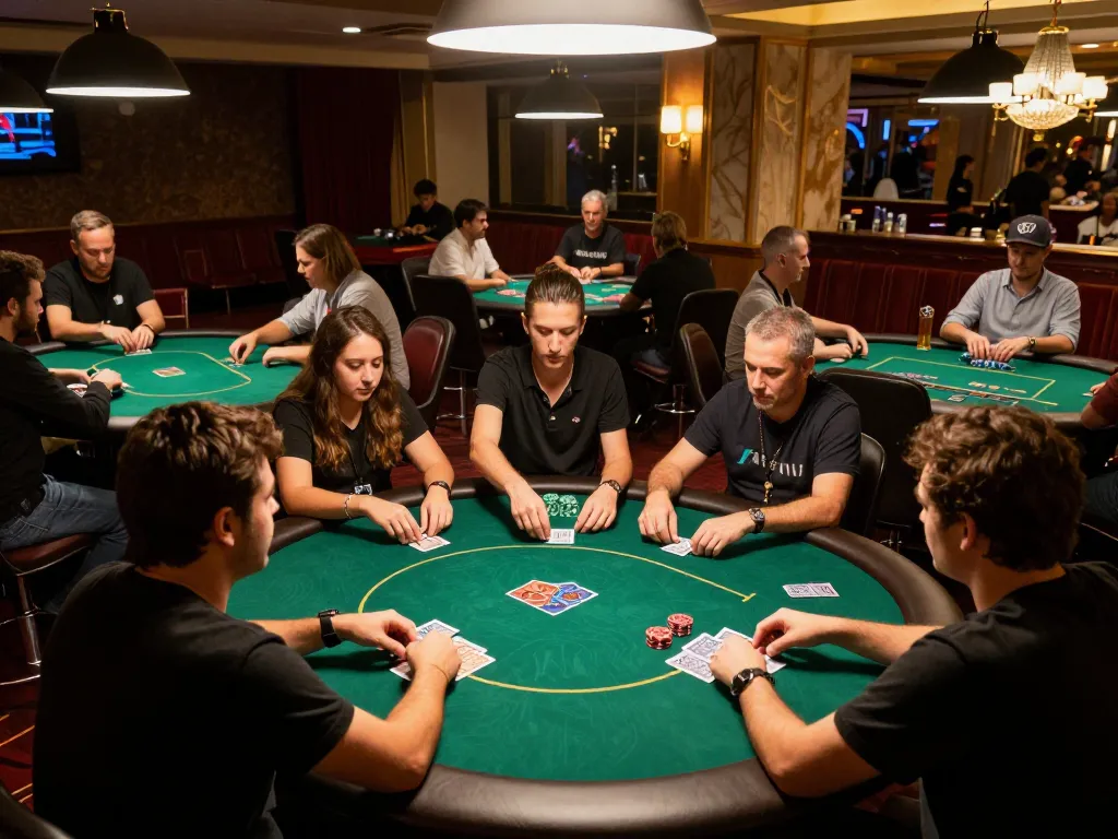 Players strategizing at B52 poker tables during an intense game night illuminated by warm casino lights.