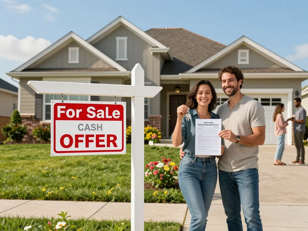 We buy houses for cash offer in front of a modern home, excited couple holding keys.