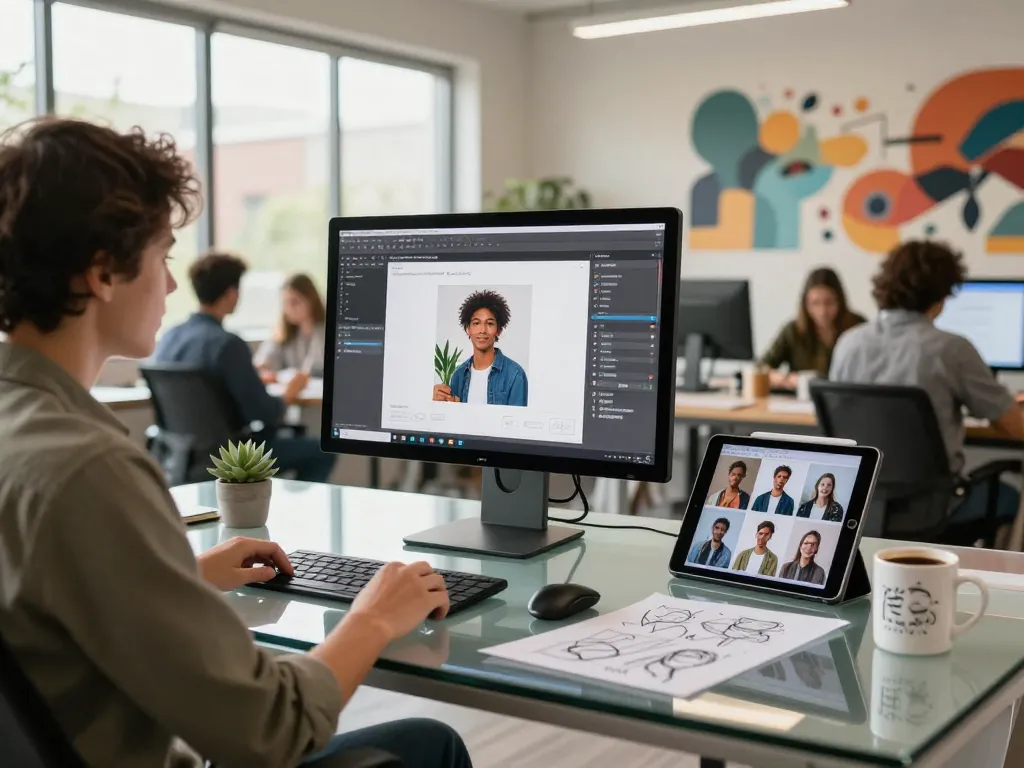 Designer creating image to prompt AI content in a modern workspace.