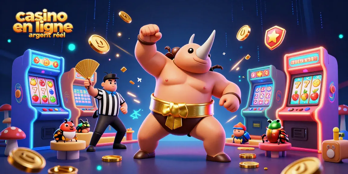 Casino en ligne argent réel : Illustration d'un rhinocéros sumo faisant pleuvoir des pièces d'or dans une scène de jeu animée.