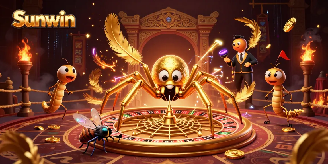 Sunwin's thrilling gambling scene as a golden spider spins a roulette web, capturing the essence of online gaming.
