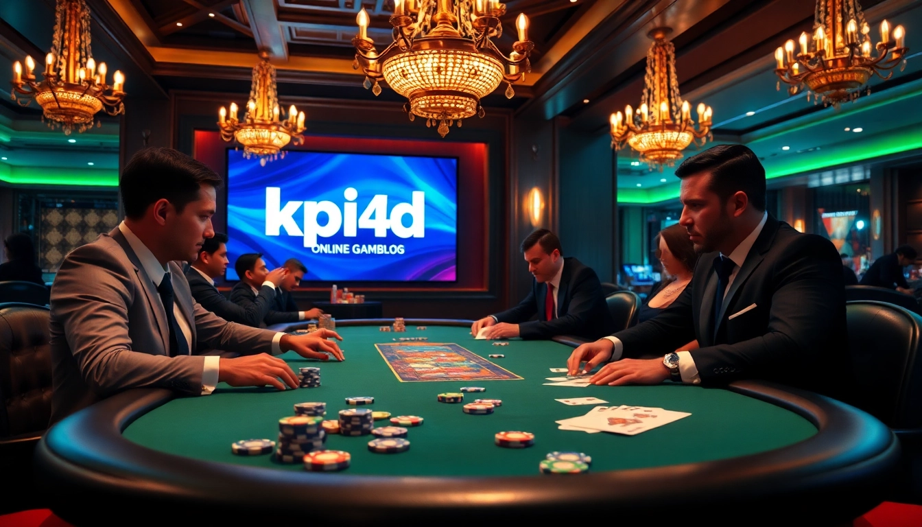 KPI4D showcasing a lively poker game with vibrant chips and cards in a luxurious casino.