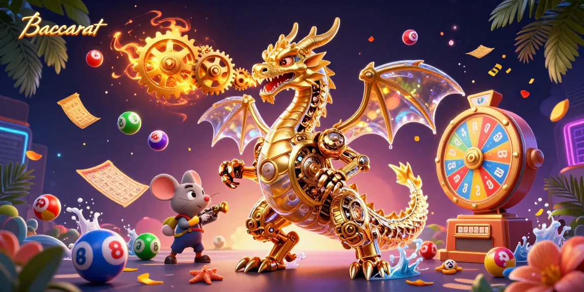 Baccarat game scene featuring a golden dragon and a mouse engineer amid vibrant casino elements