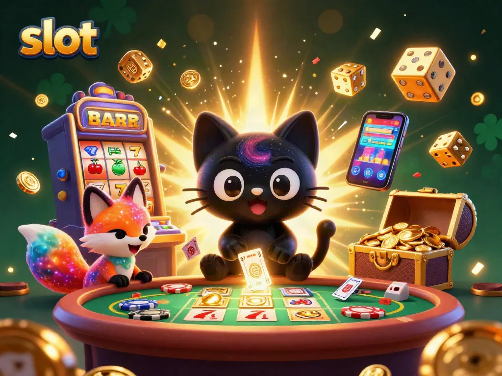 Engage with slots in a vibrant cosmic casino scene featuring colorful characters and dynamic game elements.