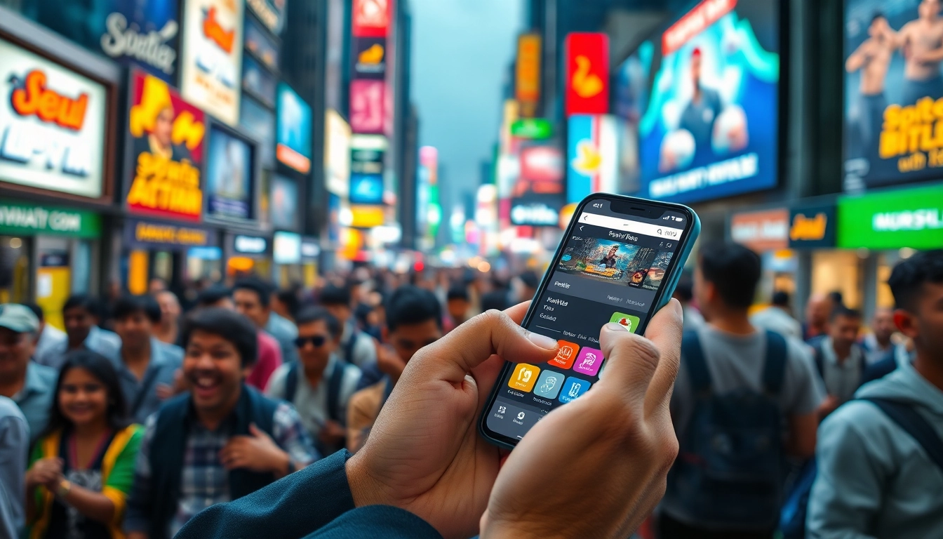 Engaging view of sports betting apps India displayed on a smartphone in a busy urban backdrop.