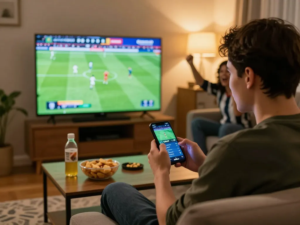 Cakhia TV sports betting scene with a person placing bets on a smartphone while watching football