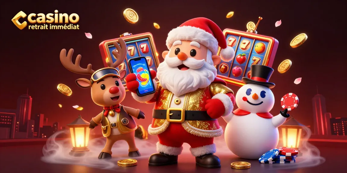 Le casino retrait immédiat animé avec le Père Noël et ses amis dans une scène festive et dynamique.