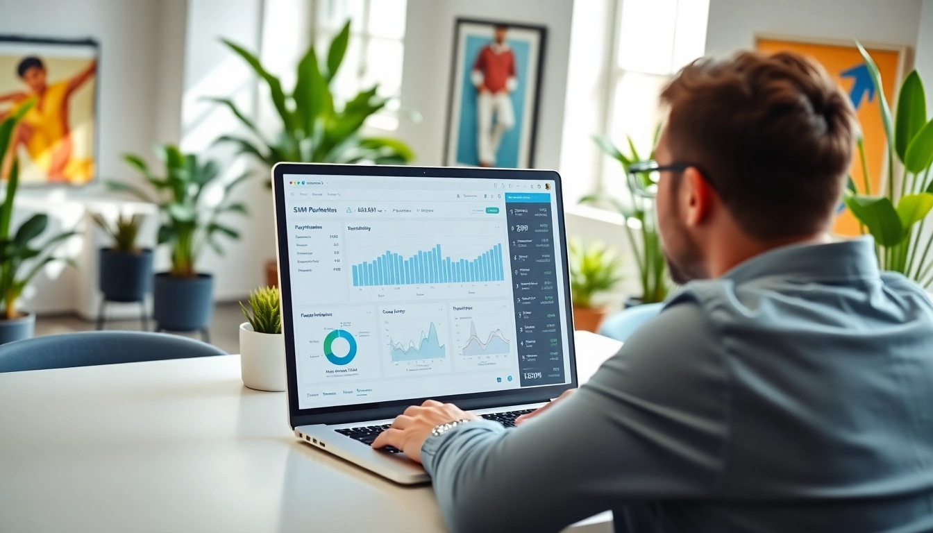 Reviewing smm reseller panel metrics on a laptop in a bright office workspace