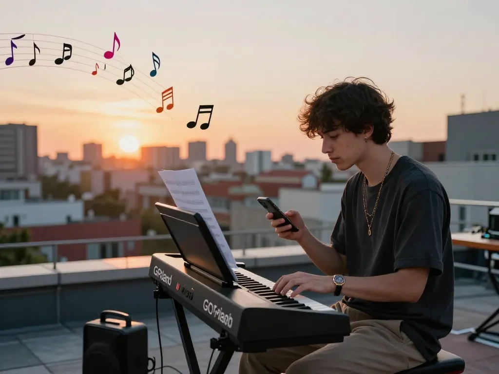 Musician passionately playing the go 88 piano on a rooftop with vibrant sunset, capturing the essence of urban creativity.