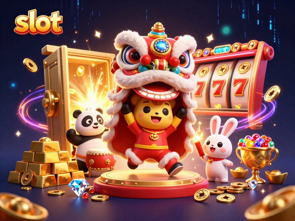 Merayakan kemenangan dalam slot dengan kostum tarian singa, panda, dan kelinci di kasino.