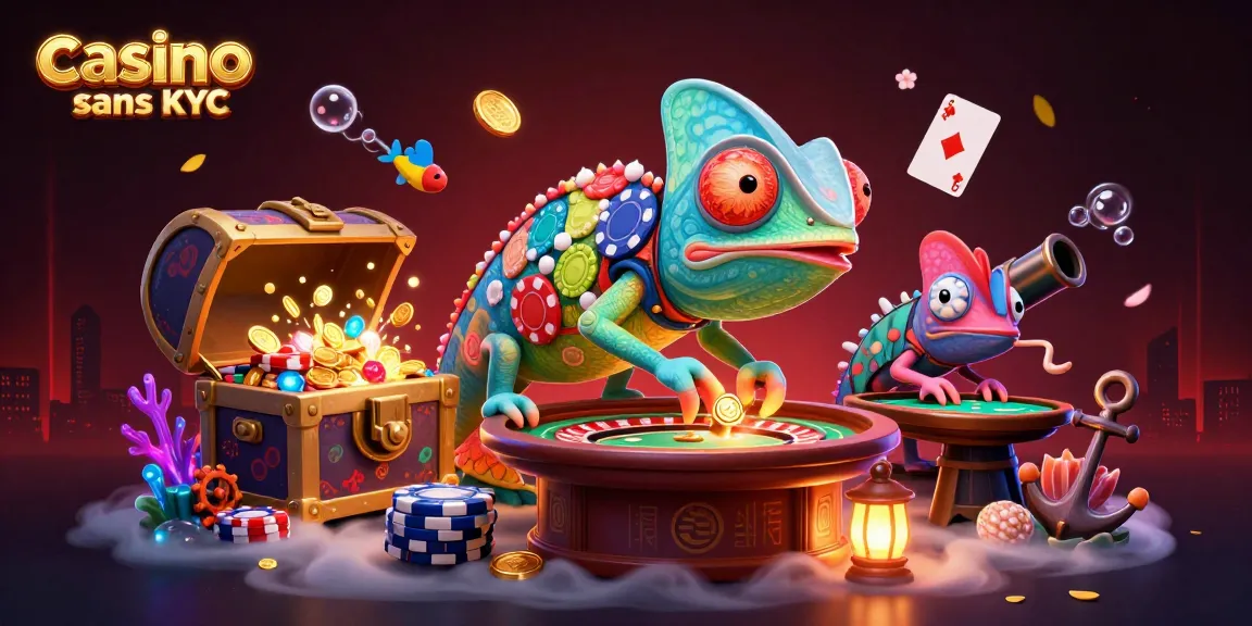 Jouez dans un casino crypto sans KYC avec une illustration colorée de caméléon et de trésors sous-marins.