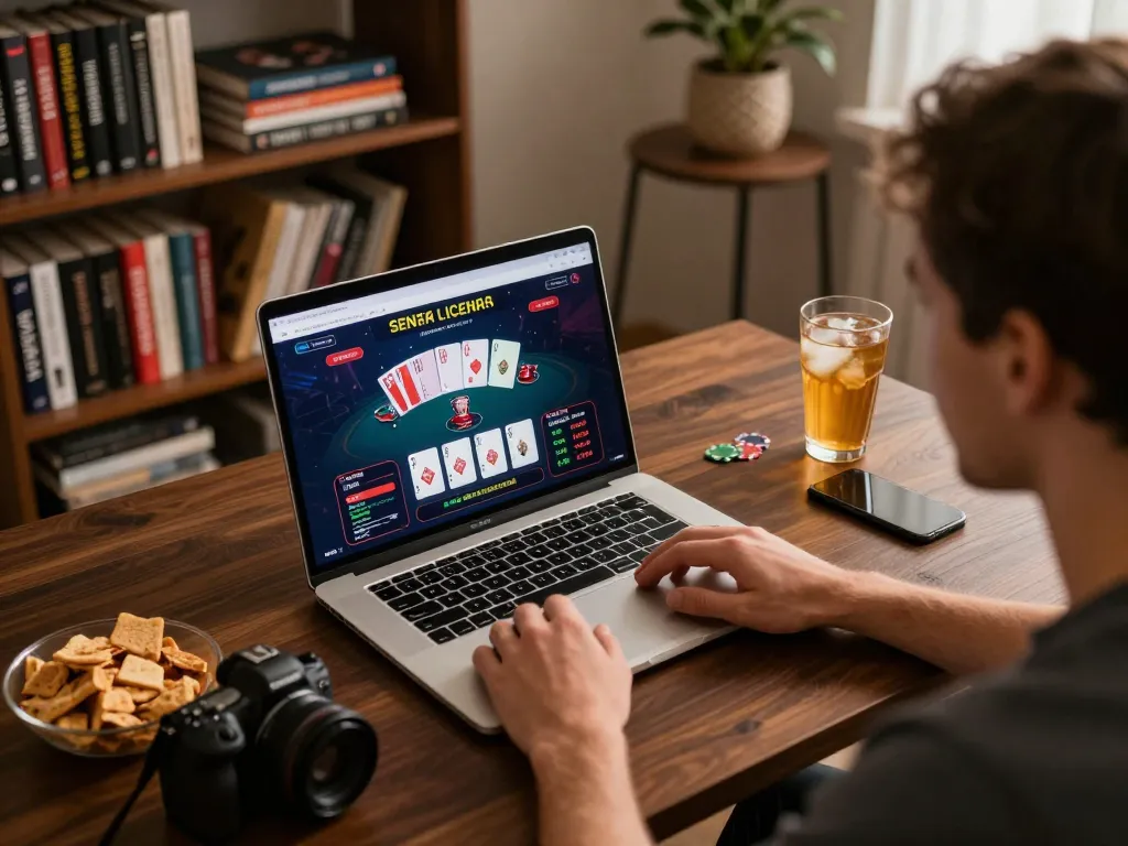 Enjoying a thrilling online casino senza licenza adm experience at home, with strategic gameplay on a laptop.