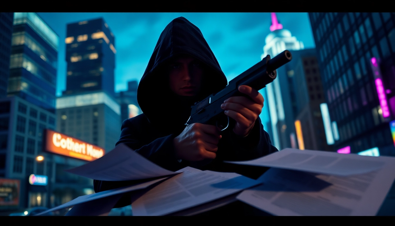 Assassin holding weapon amidst city backdrop, reflecting the tension of Contracts and Bullets story.