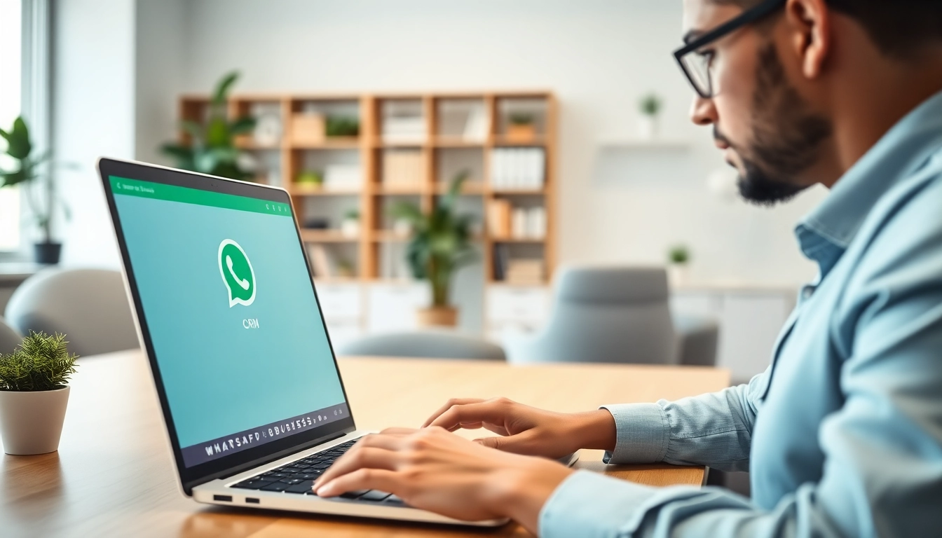Engage customers effectively with WhatsApp Business CRM displayed on a laptop in a modern office.