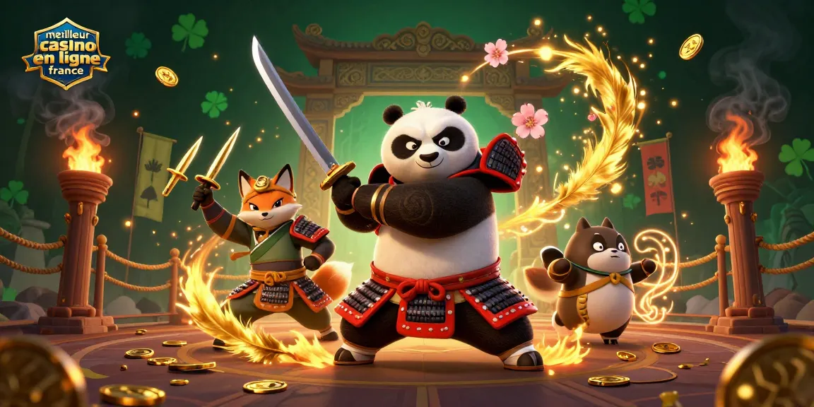 Explorez le meilleur casino en ligne France avec ce visuel captivant montrant un panda samouraï et un renard ninja dans un décor de jeu dynamique.