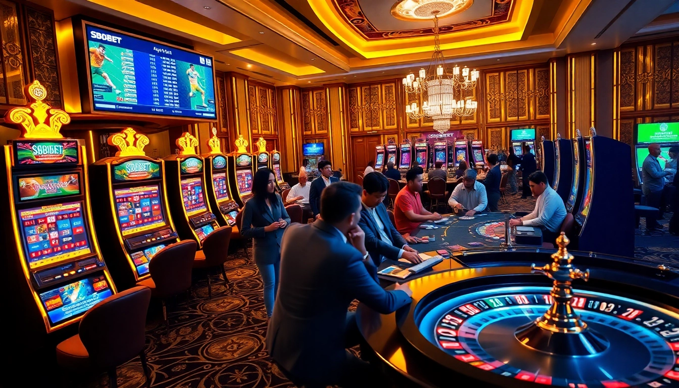 SBOBET link alternatif showcasing exciting online betting features, with lively casino tables and vibrant gambling elements.